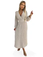 Béžové dámské midi šaty s výstřihem, dlouhými rukávy a širokým opaskem model 19012562 - numoco basic Béžové dámské midi šaty s výstřihem, dlouhými rukávy a širokým opaskem model 19012562 - numoco basic