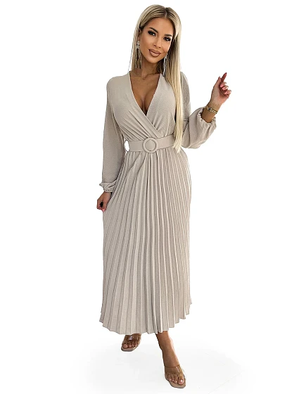 Béžové dámské midi šaty s výstřihem, dlouhými rukávy a širokým opaskem model 22285992 - numoco basic