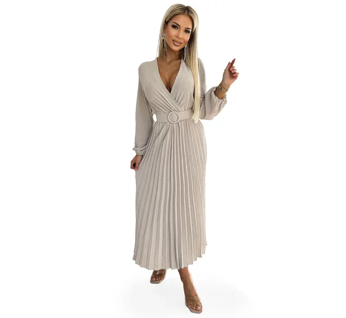 Béžové dámské midi šaty s výstřihem, dlouhými rukávy a širokým opaskem model 19012562 - numoco basic Béžové dámské midi šaty s výstřihem, dlouhými rukávy a širokým opaskem model 19012562 - numoco basic