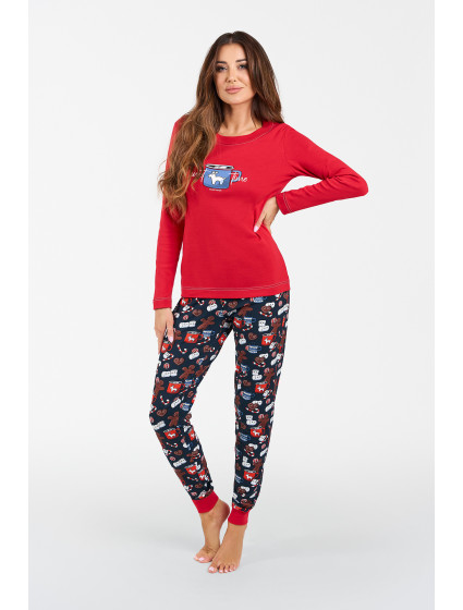 Makala dámské pyžamo dlouhé rukávy, dlouhé nohavice - červená/potisk