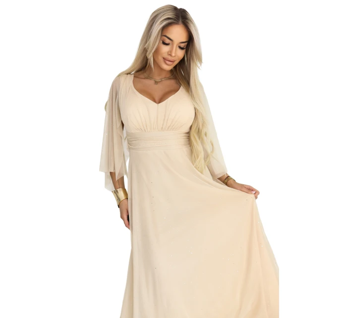 Dlouhé lehké třpytivé šaty s výstřihem a rukávy  barva model 21955156 - numoco basic