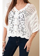 Dámský bavlněný prolamovaný svetr zapínaný na knoflíky s krátkým rukávem bílý