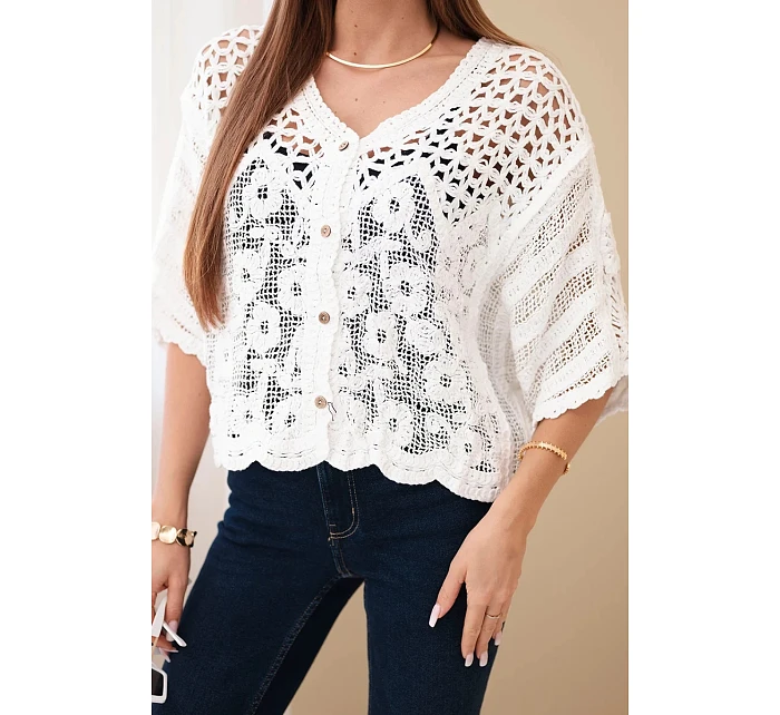 Dámský bavlněný prolamovaný svetr zapínaný na knoflíky s krátkým rukávem bílý