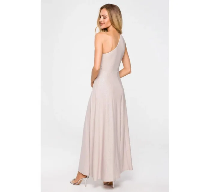 Maxi šaty na jedno rameno M718  šampaňské - MOE