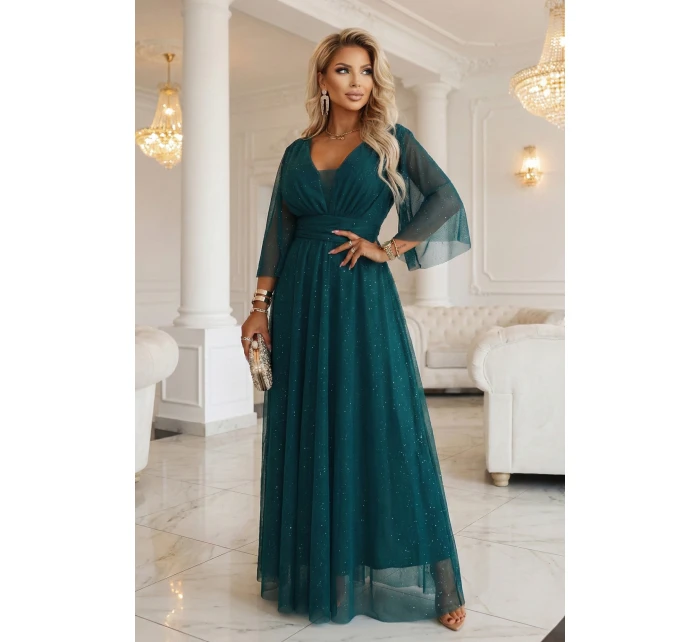 654-1 Dlouhé lesklé plus size šaty s výstřihem a průhlednými rukávy - lahvově zelené 654-1 Dlouhé lesklé plus size šaty s výstřihem a průhlednými rukávy - lahvově zelené