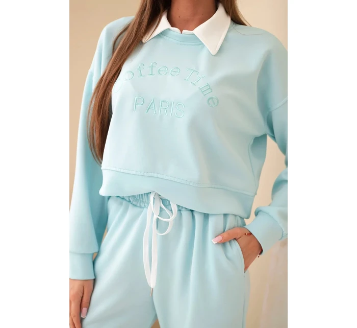 Dámská souprava máslová mikina s límečkem a rovné kalhoty mátová