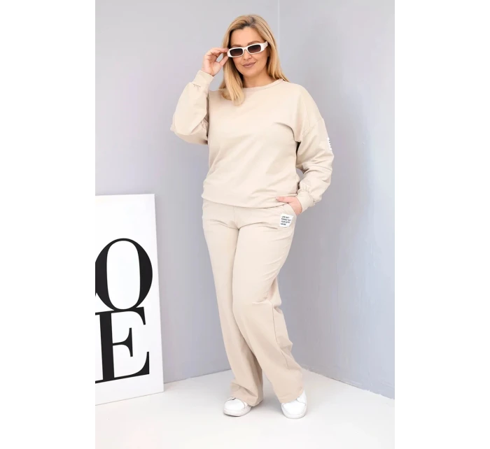 Dámský komplet Plus Size bavlněný s volnou mikinou a kalhotami s širokým nohavicí béžový