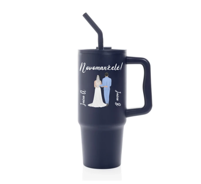 Personalizovaná termoska s barevným víčkem s novomanželským párem 