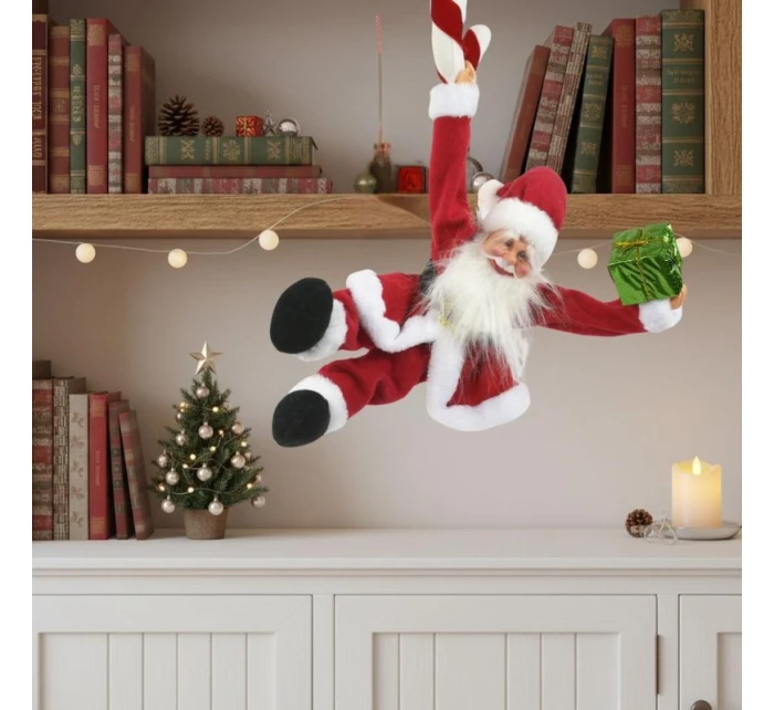 VÁNOČNÍ SANTA HRAJÍCÍ SI NA POHYBLIVÉHO ZÁVĚSNÉHO S LÍZÁTKEM CUKROVÍ 82CM SLÍDA