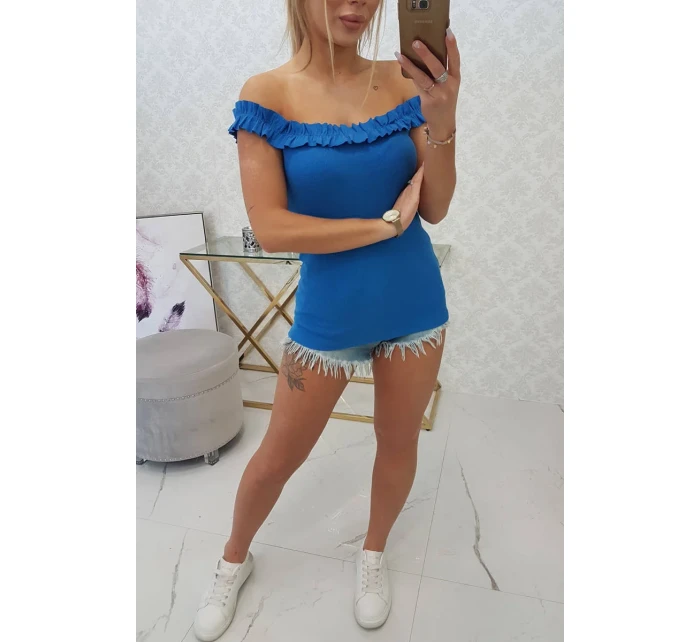 Chrpově modrá volánková blůza s pruhy