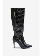 Kozačky Na Podpatku S Ražbou Černé Reanwenna