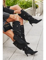 Dámské nazouvací kozačky na jehlovém podpatku Thaliane se stříbrnými ozdobami – černé