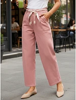 Dámské kalhoty s vysokým pasem a záševky růžové FashionStreet UY2904