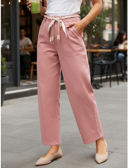 Dámské kalhoty s vysokým pasem a záševky růžové FashionStreet UY2904