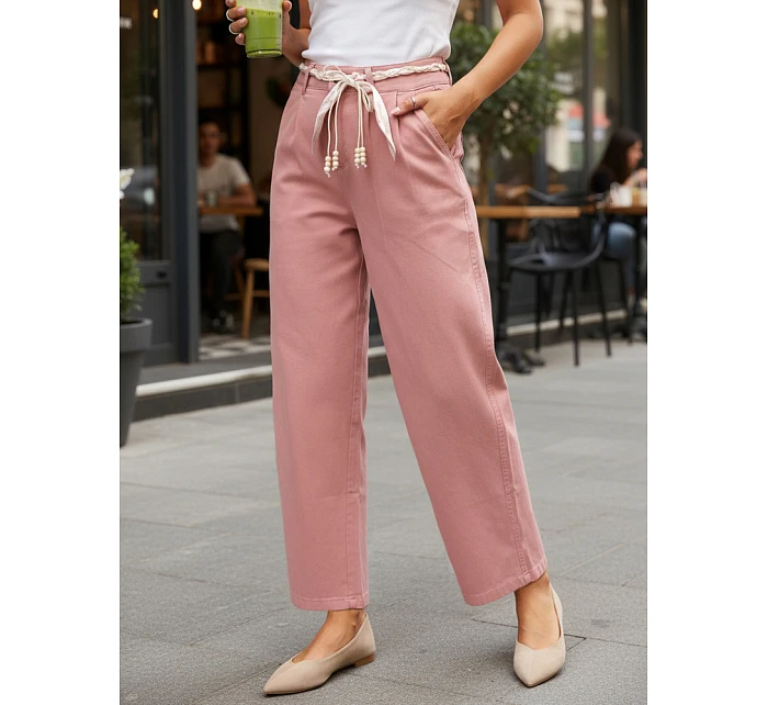 Dámské kalhoty s vysokým pasem a záševky růžové FashionStreet UY2904