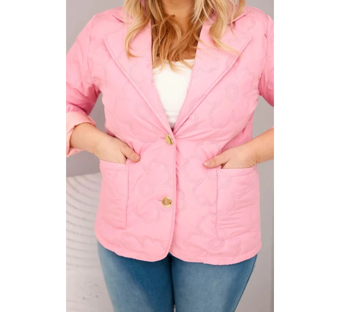 Dámská bunda Plus Size prošívaná květinami s límcem a kapsami jasně růžová