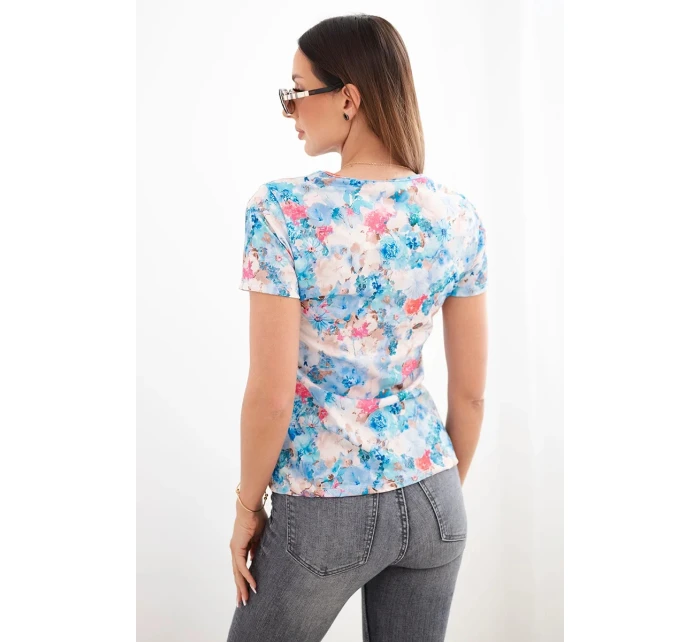 Dámská viskózová žebrovaná halenka s květinovým potiskem modrá