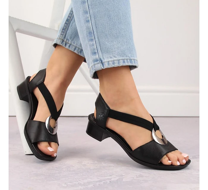 Dámské kožené sandály s pásky černé model 22050364 - Rieker Dámské kožené sandály s pásky černé model 22050364 - Rieker