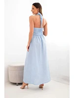 Dámské viskózové maxi šaty vázané u krku s ozdobnou sponou modrá Dámské viskózové maxi šaty vázané u krku s ozdobnou sponou modrá