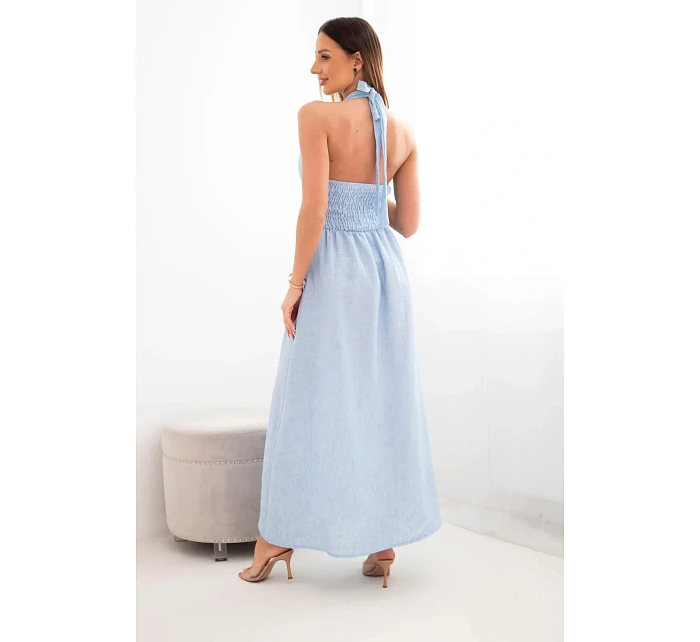 Dámské viskózové maxi šaty vázané u krku s ozdobnou sponou modrá Dámské viskózové maxi šaty vázané u krku s ozdobnou sponou modrá