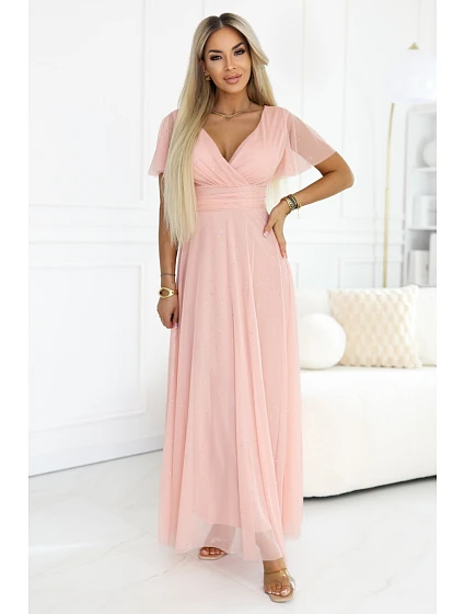 635-7 MELANIA dlouhé třpytivé svatební šaty s výstřihem a krátkými rukávy - broskvová barva