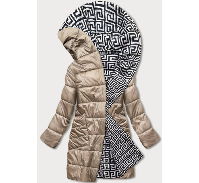 Béžovo-bílá přeložená obálková dámská bunda s kapucí (R8040)