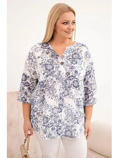 Dámská bavlněná halenka plus size s krátkým rukávem a ozdobným knoflíkem bílá