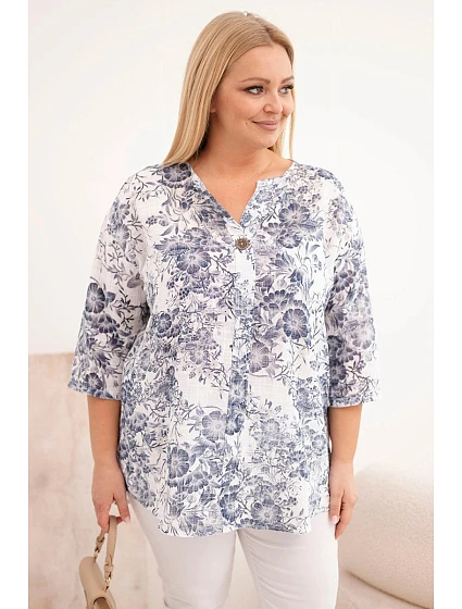 Dámská bavlněná halenka plus size s krátkým rukávem a ozdobným knoflíkem bílá