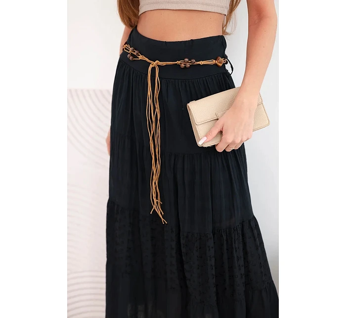 Dámská maxi bavlněná sukně s výšivkou a pásem černá model 22048767 - K-Fashion