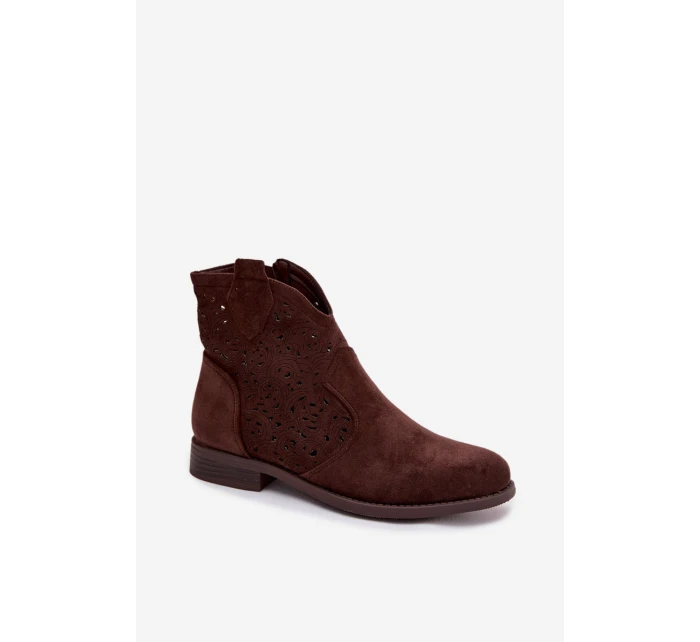 Dámské perforované kotníkové boty na nízkém podpatku S.Barski HY61-8026 Čokoládové Dámské perforované kotníkové boty na nízkém podpatku S.Barski HY61-8026 Čokoládové
