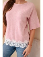 Dámský svetr s krátkým rukávem a krajkou tmavě pudrově růžový