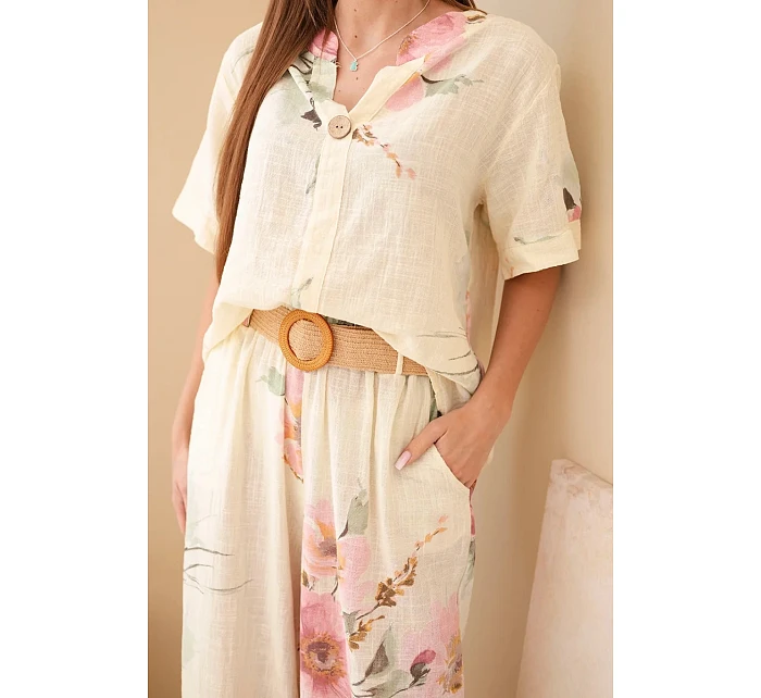 Dámský bavlněný komplet s krátkým rukávem a širokými nohavicemi žlutý