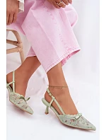 Krajkové dámské sandály na podpatku s mašlí zelené model 22107310 - Boto