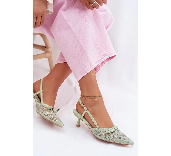 Krajkové dámské sandály na podpatku s mašlí zelené model 22107310 - Boto
