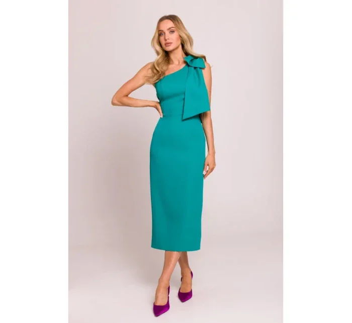 model 20970633 Šaty na jedno rameno s mašlí tyrkysové - Moe