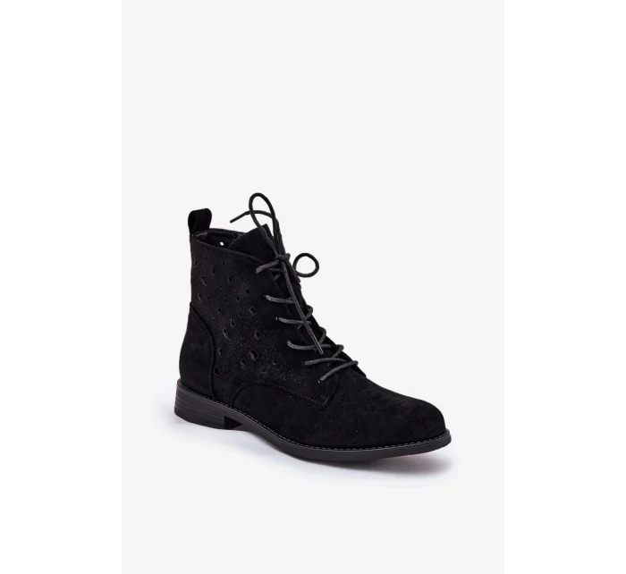 Dámské šněrovací kotníkové botky s perforovaným vzorem – černé S.Barski