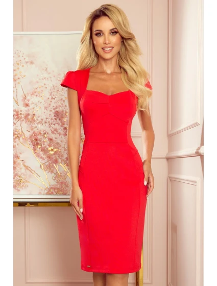 Červené dámské šaty v délce midi s pěkným výstřihem 318-1