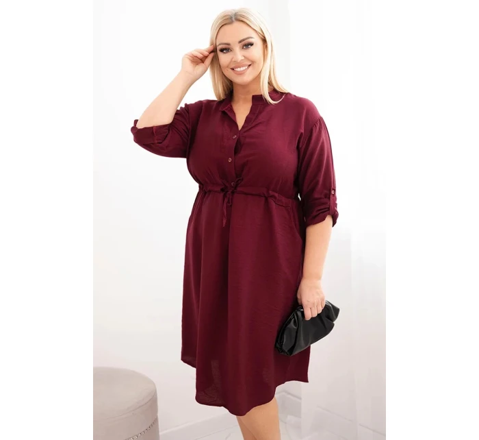 Dámské šaty z viskózy Plus Size s knoflíky a vázáním v pase bordová
