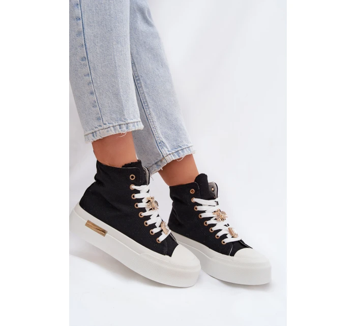 Dámské plátěné tenisky na platformě s ozdobnými připínkami – černé Gracella