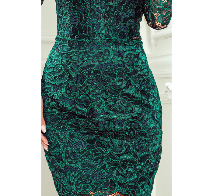 Dámské krajkové šaty v lahvově zelené barvě s dlouhými rukávy a s výstřihem model 14350899 - numoco