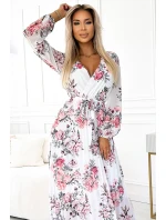 458-3 GEPPI Plisované MIDI šaty s výstřihem, dlouhými rukávy a páskem - bílé s červenými ROSES