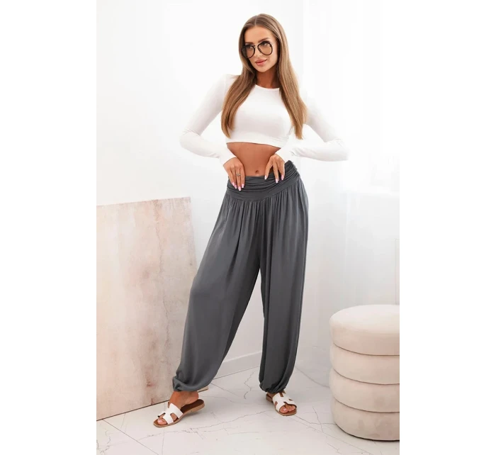 Dámské viskózové kalhoty s širokými nohavicemi a volánky grafit Dámské viskózové kalhoty s širokými nohavicemi a volánky grafit