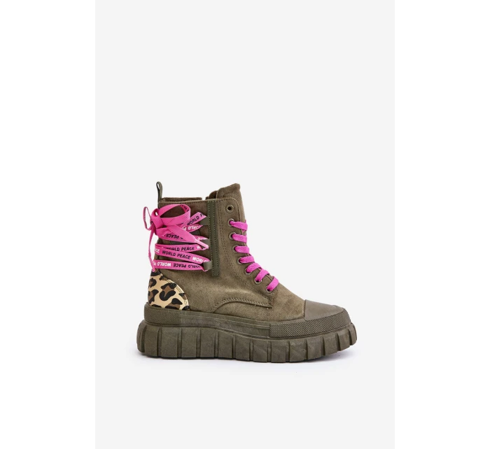 Dámské botky na platformě s ozdobným šněrováním leopardí zelené model 21673085 - EVENTO