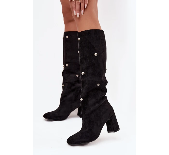 Dámské kozačky s izolací na podpatku s ozdobnými detaily černé model 21714804 - Boto