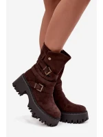 Dámské kotníkové boty na robustním podpatku s přezkami a páskem čokoládové Nerelisa Dámské kotníkové boty na robustním podpatku s přezkami a páskem čokoládové Nerelisa