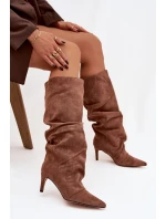 Vlněné Kozačky na Podpatku z Eko  Tmavě Béžové model 21757785 - Boto