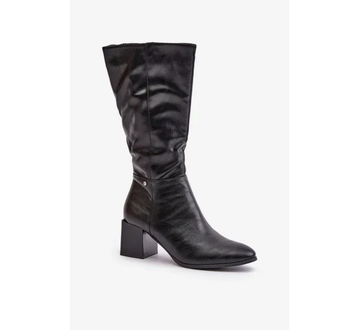 Zateplené Kozačky Na Podpatku Eko Kůže Do Půlky Lýtka Černé Ellithira