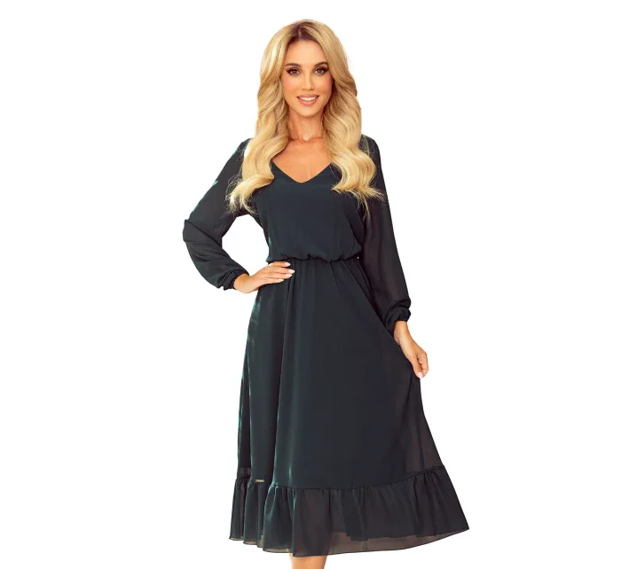 Dámské šifonové šaty v lahvově zelené barvě v délce midi, s dekoltem a volánkem 304-2 Dámské šifonové šaty v lahvově zelené barvě v délce midi, s dekoltem a volánkem 304-2