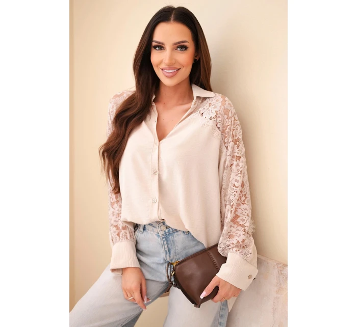 Dámská viskózová košile s krajkovými rukávy a límečkem béžová
