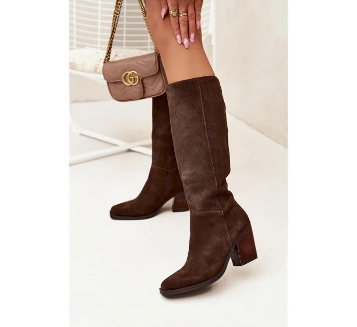 Semišové Kozačky Na Podpatku Zip Čokoládové model 21705071 - Boto